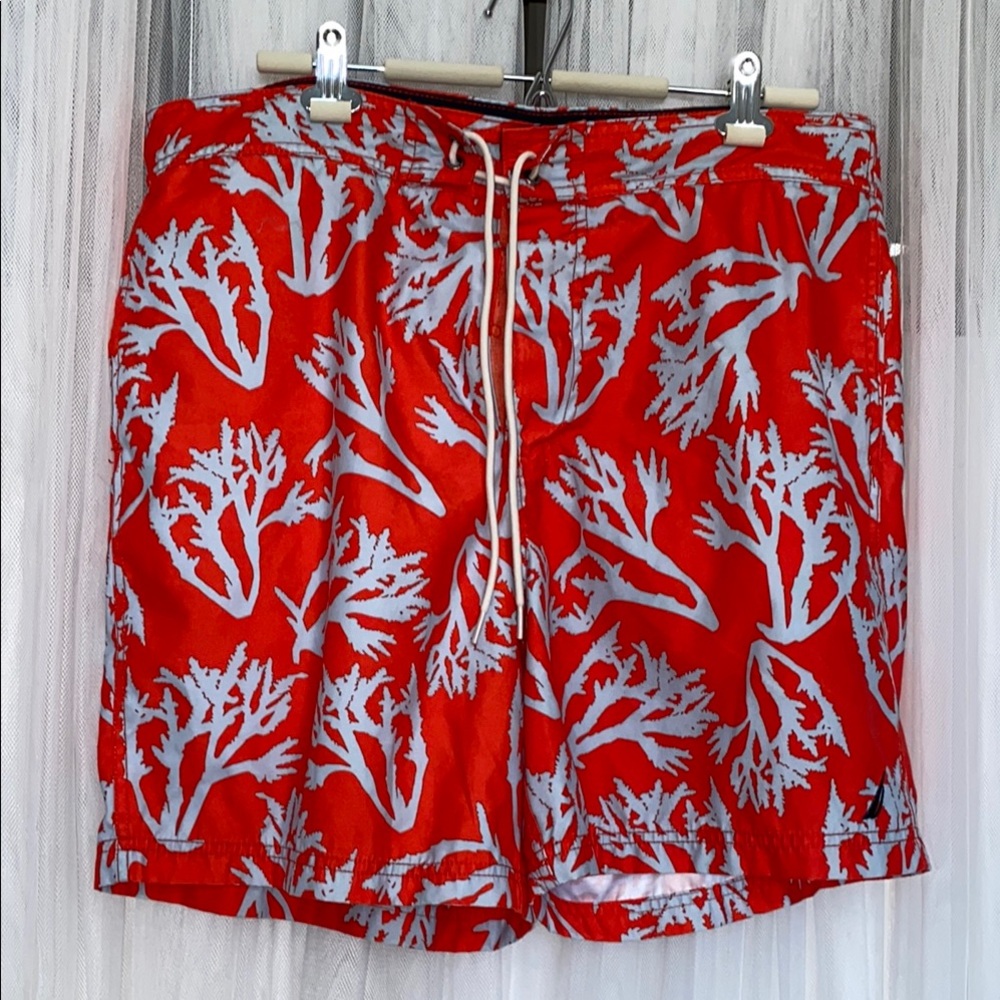 Nautica Red and Silver Swim Trunks with Coral Pattern Large